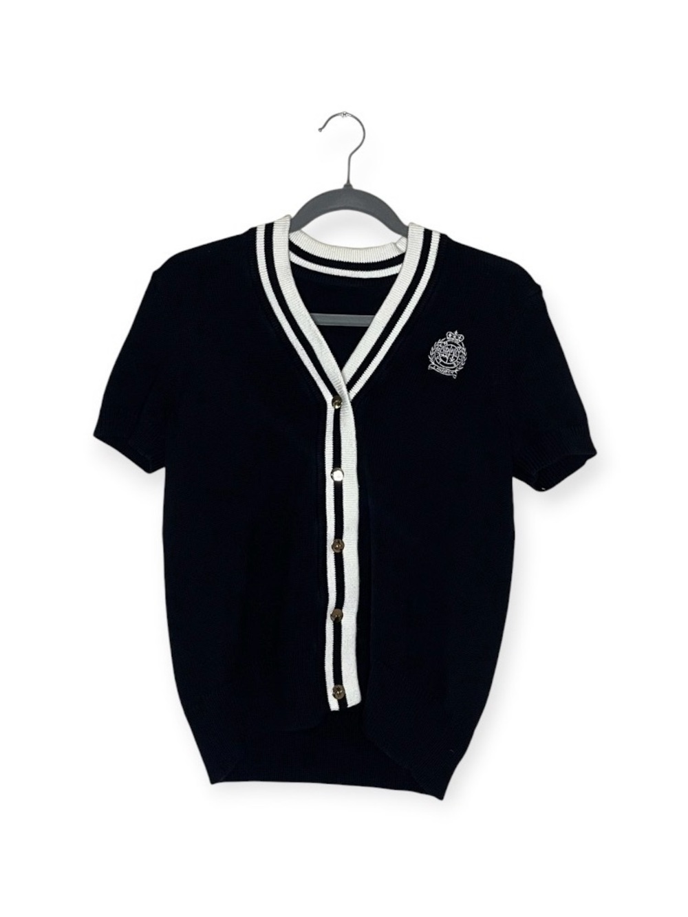 Lauren Ralph Lauren Black Short-Sleeve Cardigan with White Trim